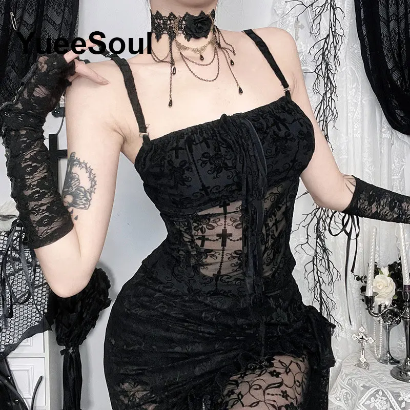Gothic Crop Tops Black Spaghetti Strap Mesh Slim Corset Tops 2025 New Goth Punk Grunge Fairy Core Sexy Y2K Halloween Clothing image 4