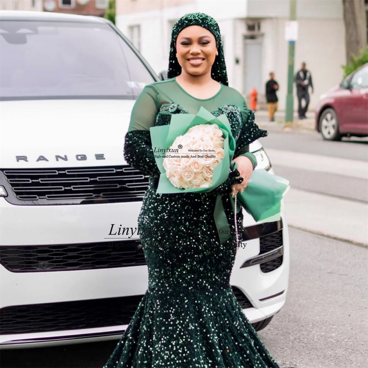 Maßgeschneiderte Meerjungfrau-Abschlussballkleider mit Paillettenapplikationen und Perlen, glitzernd, langes Abendparty-Galakleid, schwarzes Mädchen-Geburtstagsroben de Soirée