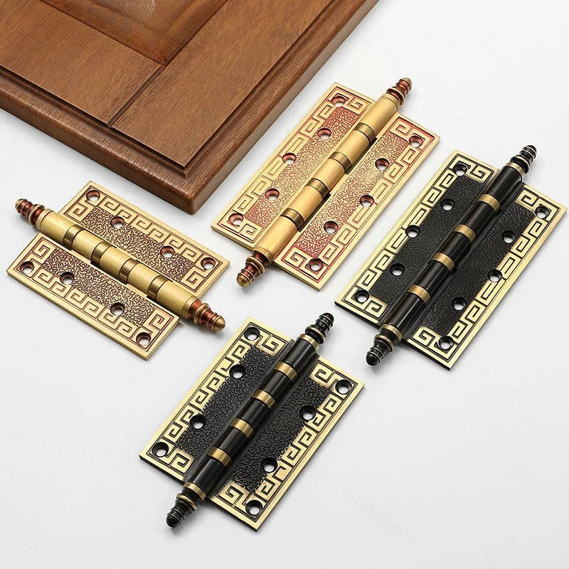 European Solid Brass Door Hinges, Silent Thick Hinges for Indoor Wooden Door, Retro Flat Opening Hardware