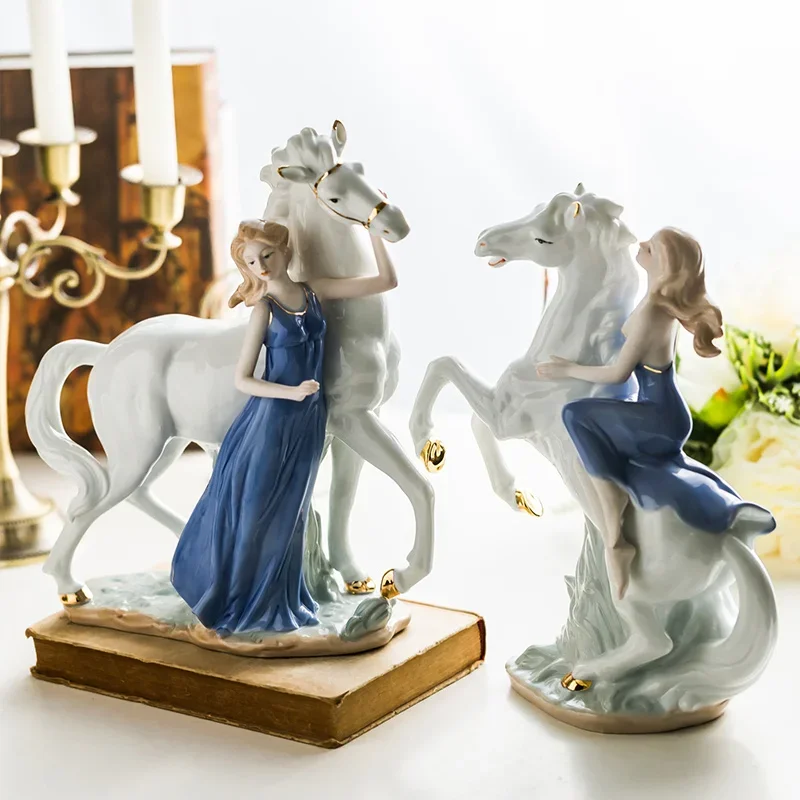 European Ceramic Horse Riding Woman Ornaments Home Livingroom Table Furnishing Crafts Hotel Office Desktop Figurines Decoration