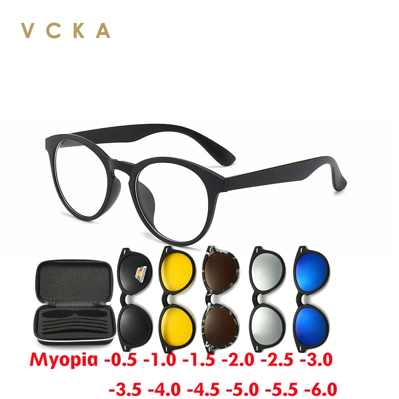 VCKA 6 In 1 Men Round Frame Myopia Polarized Sunglasses Magnetic Clip Glasses Computer prescription Women Eyewear -0.5 to -6.0