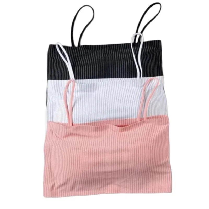 Women Pinstripe Bandeau Tube Bra Square Neck Thin Spaghetti Straps Removable Pads Wireless Bralette Ladies Casual Padded Bandeau