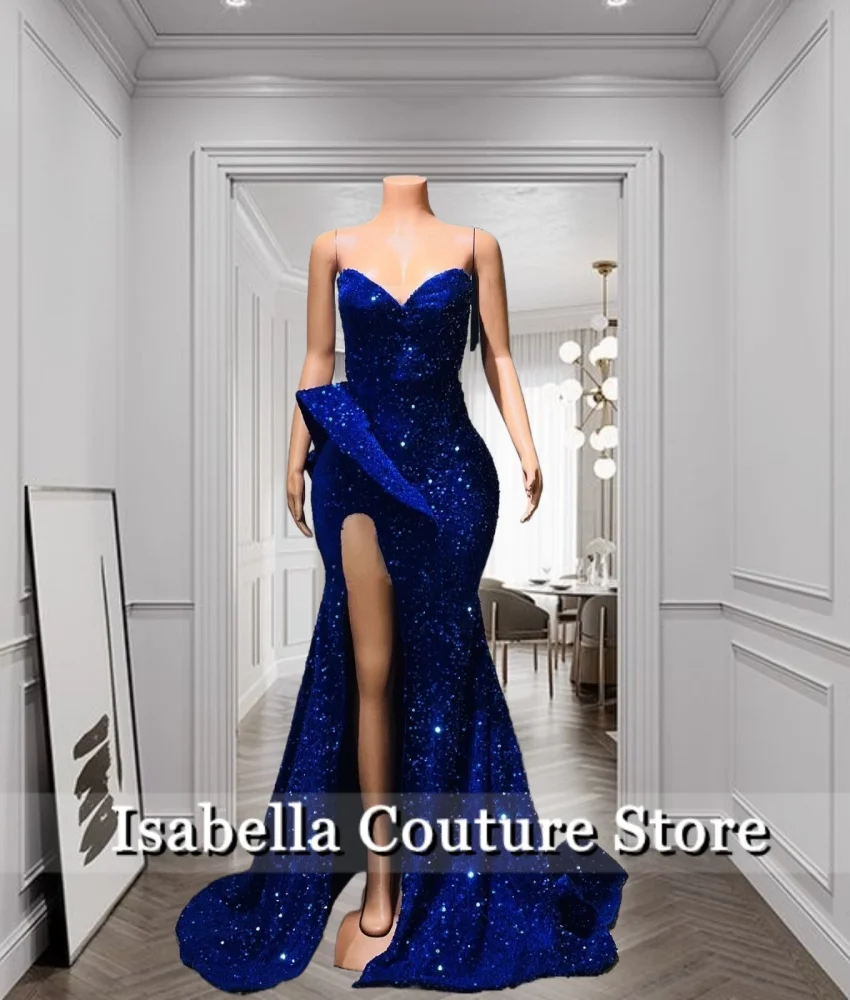 

Luxury Royal Blue Long Prom Dress Evening Dresses Sweetheart Party Gown Sequins Birthday Dress 2024 With Gloves Customized