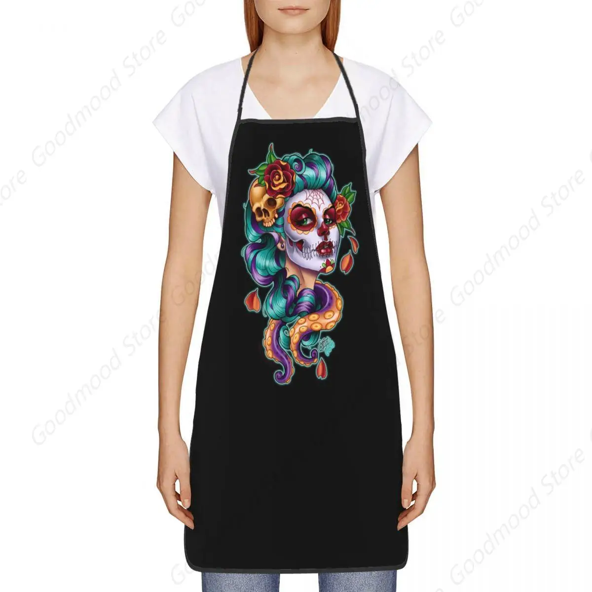 Flower Sugar Skull Tattoo Aprons for Men Women Day Of The Dead Adult Kitchen Chef Cuisine Cooking Baking Gardening