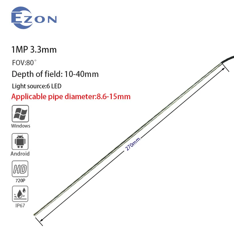 

3,3 мм 80 ° HD-эндоскопическая камера для проверки бочонка пистолета, гибкий кабель USB 3-в-1, промышленный эндоскоп с длинной трубкой