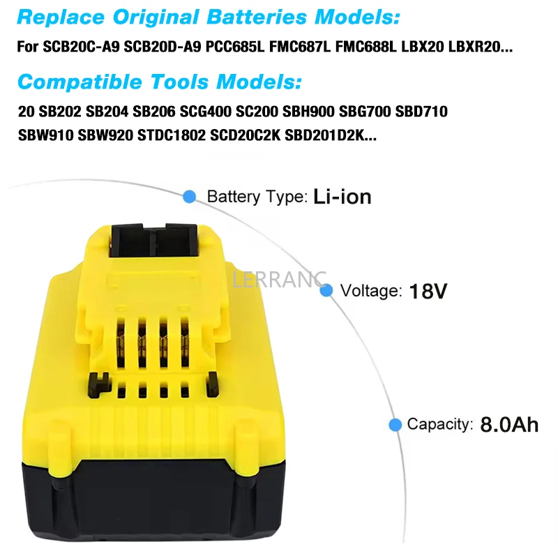 18V Li-ion Rechargeable Battery for STANLEY Fatmax V20 LBX20 SB202 SB204 SB206 6.0Ah/8.0Ah FMC688L FMC687L Power Tools