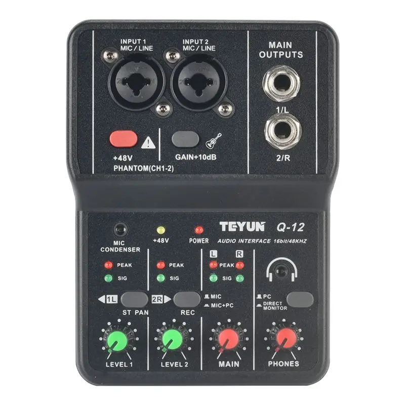 TEYUN Q12 Computer Recording Sound Card 16Bit/48KHZ Portable Sound Card For Guitar Home Studio Music Pro Q12