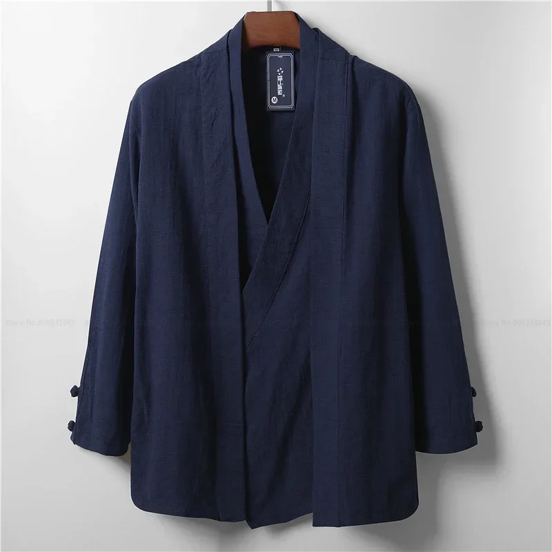 Chinese Style Men Linen Hanfu Cardigan Tops Zea Tea Kung Fu Shirts Japanese Kimono Jackets Coats Robe Oriental Fashion Clothing