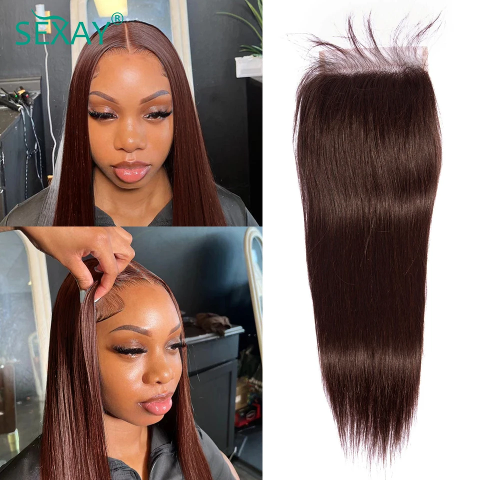 Color #4 Lace Closure Free Part 10-22 Inch 100% Brown Human Hair For Women 4x4 Swiss HD Transparent Lace Closure With Baby Hair