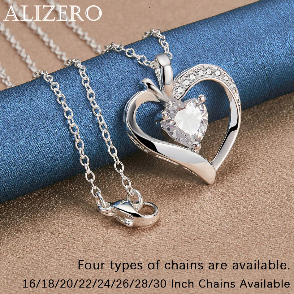 

ALIZERO 925 Sterling Silver Shiny Heart Zircon Pendant Necklace 16-30 In Chain For Women Fashion Jewelry Party and Daily Wear