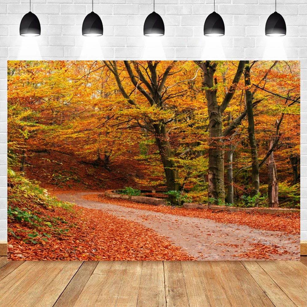 Autumn Forest Photography Backdrop Fall Golden Maple Leaves Road Landscape Wedding Baby Shower Party Portrait Photo Background