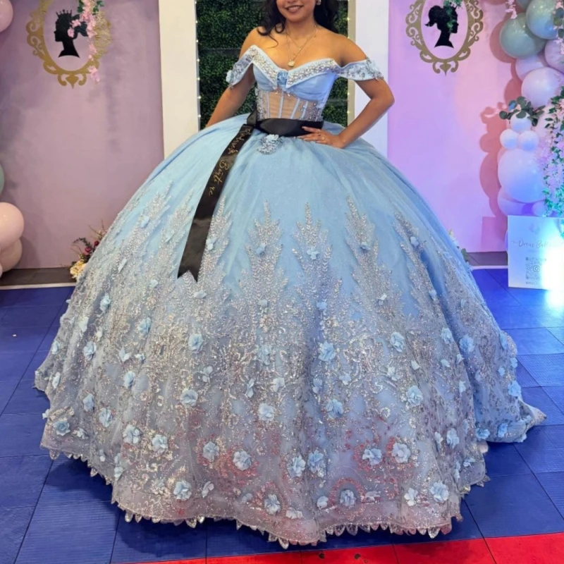 

Sky Blue Shiny Quinceanera Dresses Off The Shoulder Sequin Applique Flower Beading Crystal Bow Tull Party Birthday Sweet 16