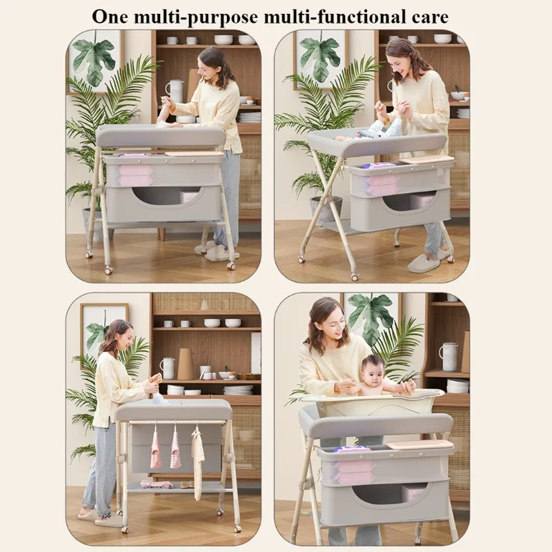 One-click Folding Multifunctional Diaper Changing Table with Toy Rack Storage Basket Height Adjustable Mobile Baby Care Table