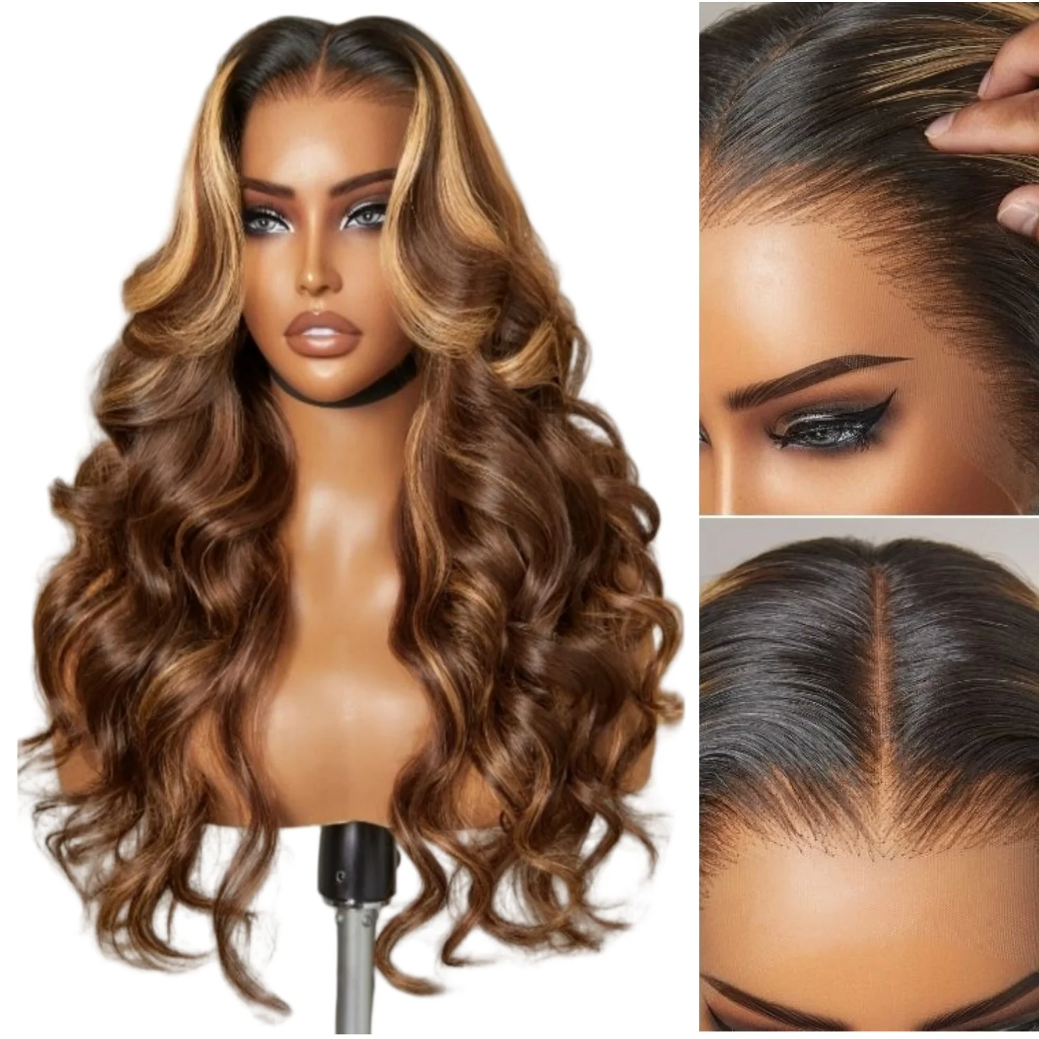 Ombre P4/27 Loose Body Wave Glueless Wig 13x4 Frontal Lace Wig 100% Human Hair Honey Blonde Highlight Wig 180% Density For Women