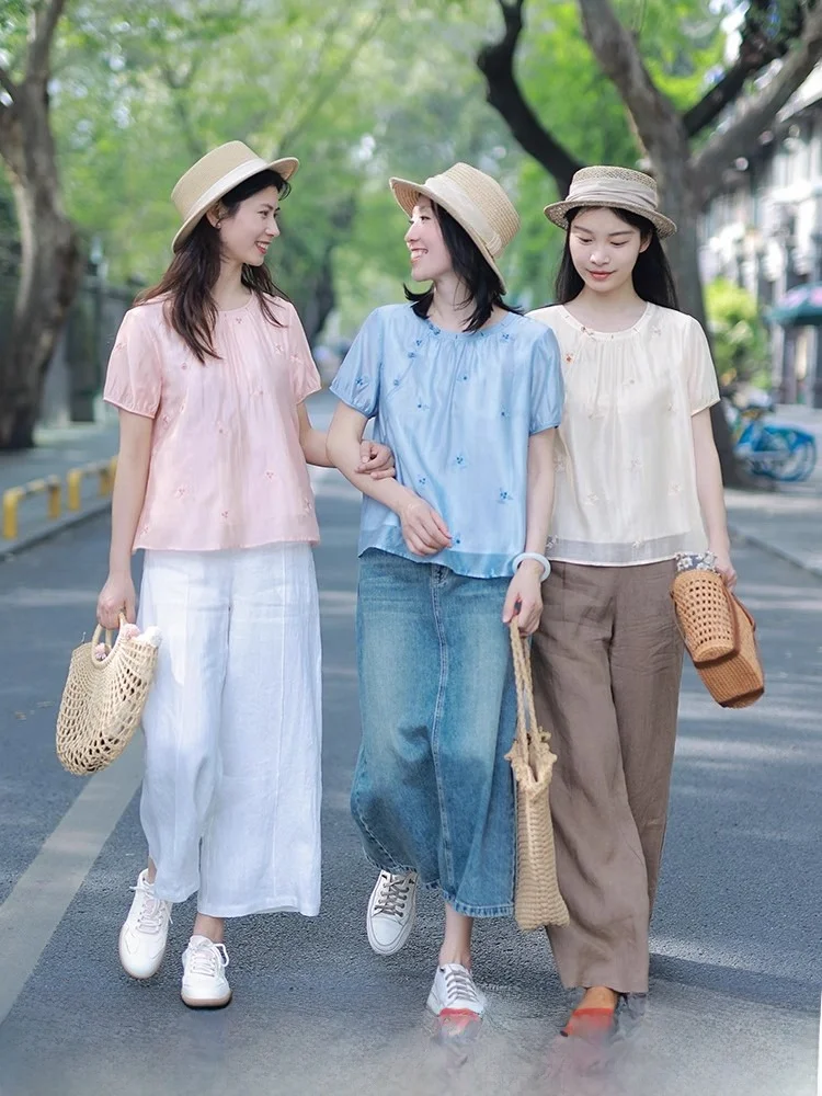 

Red Tead New Chinese Sle Casual Silk Women's irt Five-Quarter Sve Loose Fit Summer 2026 New Faion Top