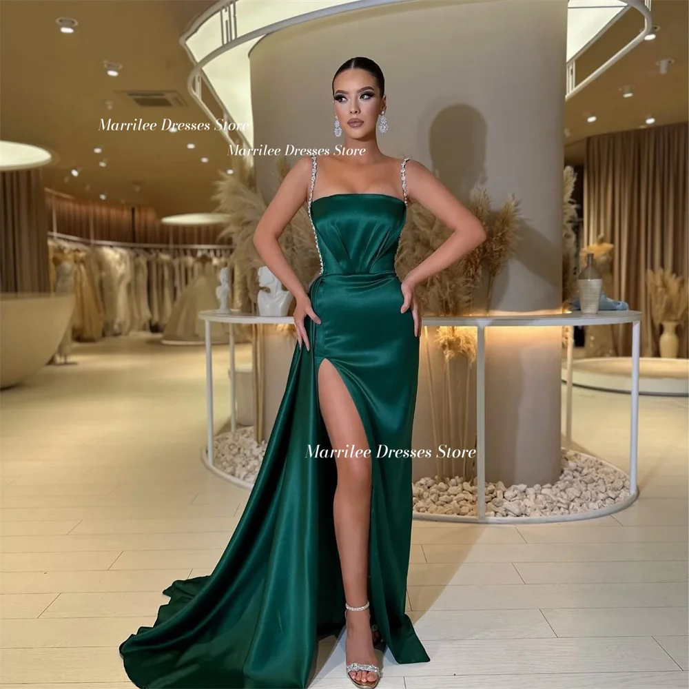 

Marrilee Sexy Dark Green Soaghetti Straps Sequins Stain Mermaid Evening Dresses Sleeveless High Side Slit Floor Length Prom Gown