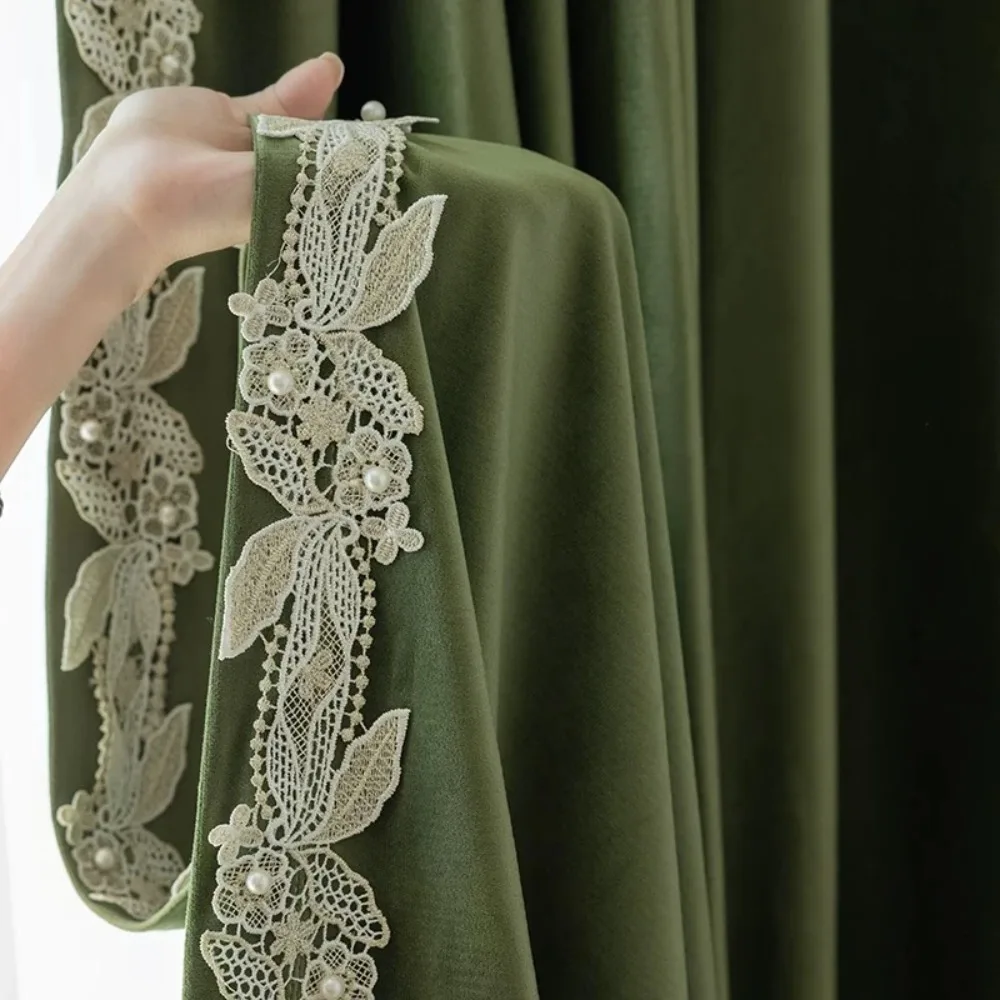 Custom French Vintage Curtains for Living Room Olive Green Pure Velvet Blackout Fabric Embroidered Lace Handmade Window Drapes