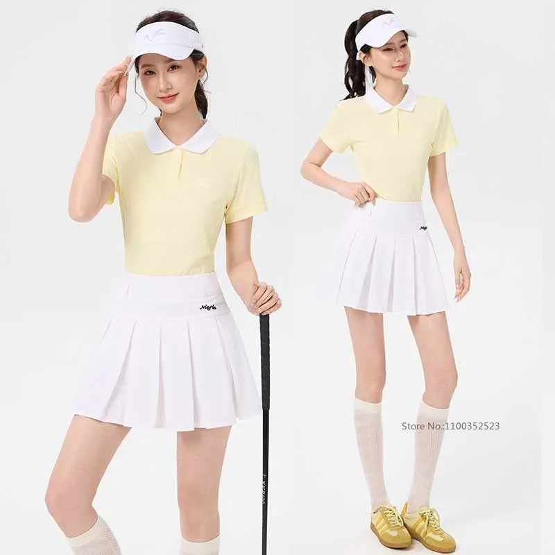 niefle-ゴルフ女性夏半袖トップカラーコントラストスリムシャツ速乾ポロ-tシャツレディースプリーツレジャースカート-s-xl