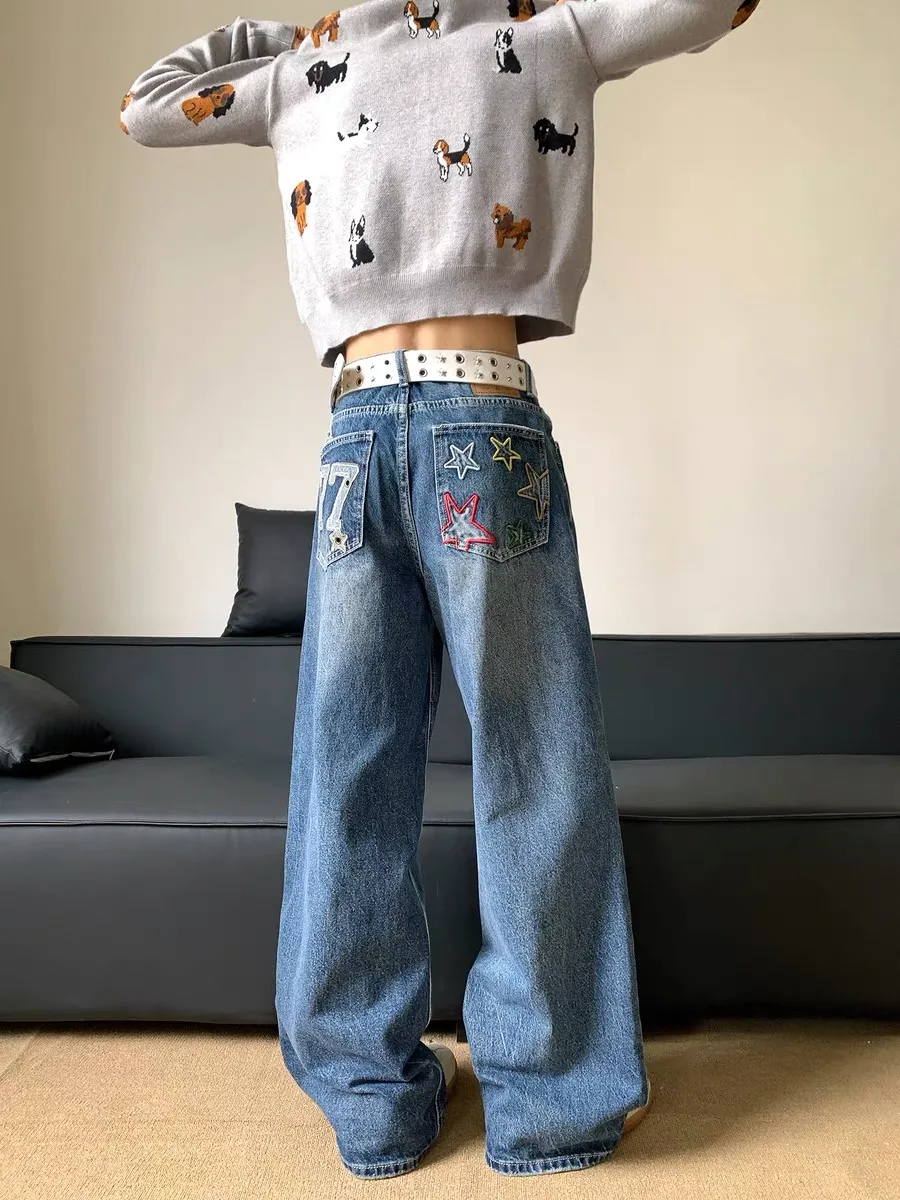 

American Style High Waist Denim Jeans Women's High Waist Patchwork Embroidery Floor-Length Hip Hop Design Cool And Handsome