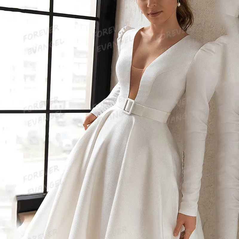 Simple Wedding Dresses 2025 Woman's A Line Sexy Deep V Neck Bride Gowns Long Sleeve Satin Princess Vestidos De Novia Robe Mariée