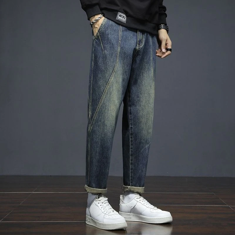 Mens HK Retro Wide Leg Jeans Loose Straight Fit Ins Style Vibe American High Street Autumn Winter Long Pants