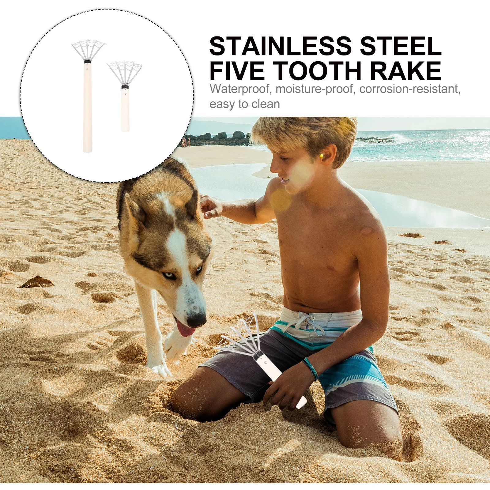 

2pcs Stainless Steel 5-Tine Claw Rake Wood Handle Beach Shell Clam Oyster Digging Tool Soil Loosening Hand Cultivator For
