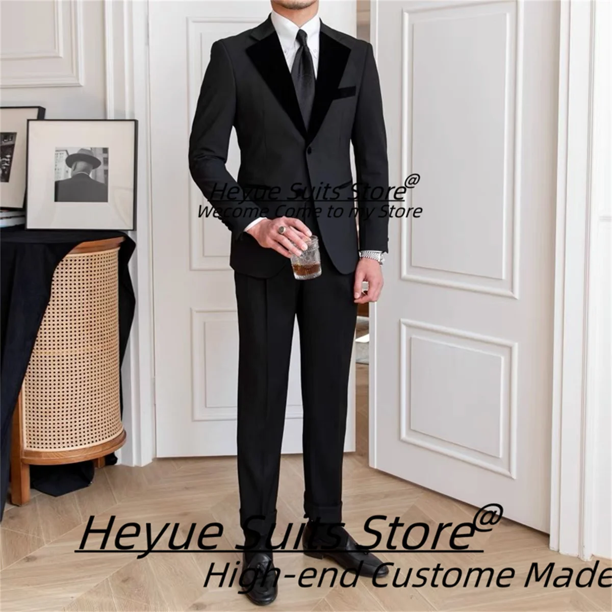 Zwarte Formele Elegante Trouwpakken Voor Mannen Slim Fit Gekerfde Revers Bruidegom Smoking 2 Stuks Set High-End Man Blazes Kostuum Homme