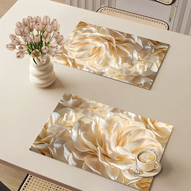 VIKAMA Cream 3D Peony Placemat Large Flower Print Waterproof Non Slip Heat Resistant Dining Coffee Table Pad