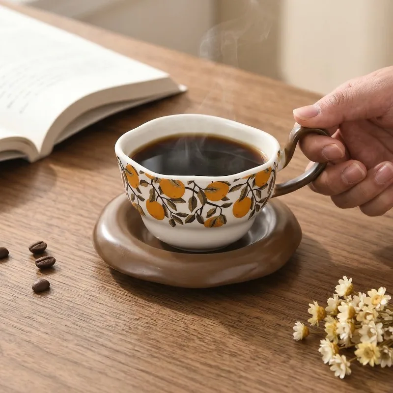 Vintage Style Ceramic Coffee Mug with Saucer Retro Drink Cup for Home Office Couple Tableware Household Goods