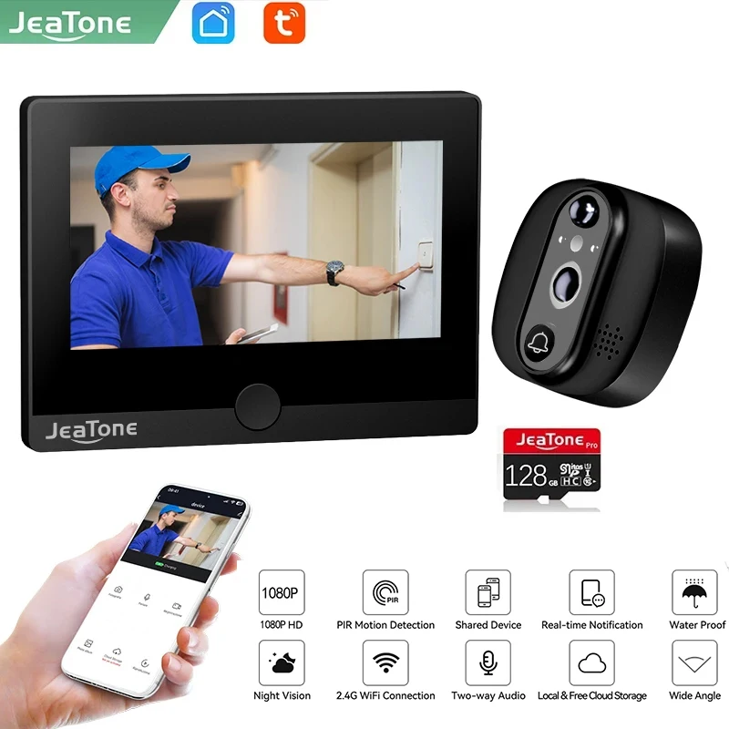 Jeatone-mirilla de vídeo con pantalla LCD de 4,3 pulgadas, cámara inalámbrica, WiFi, timbre de vídeo para casa inteligente, cámara de movimiento PIR