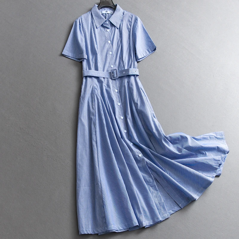 Elegancka niebieska sukienka damska z kołnierzykiem, zapinana na jeden guzik, w paski, koszulowa sukienka damska, letnia, codzienna, uniwersalna sukienka z długim rozcięciem.