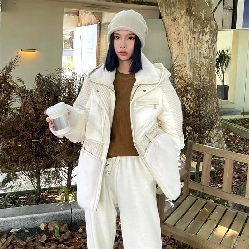 winter new luxury white goose down down jacket women's fur medium long hooded coat