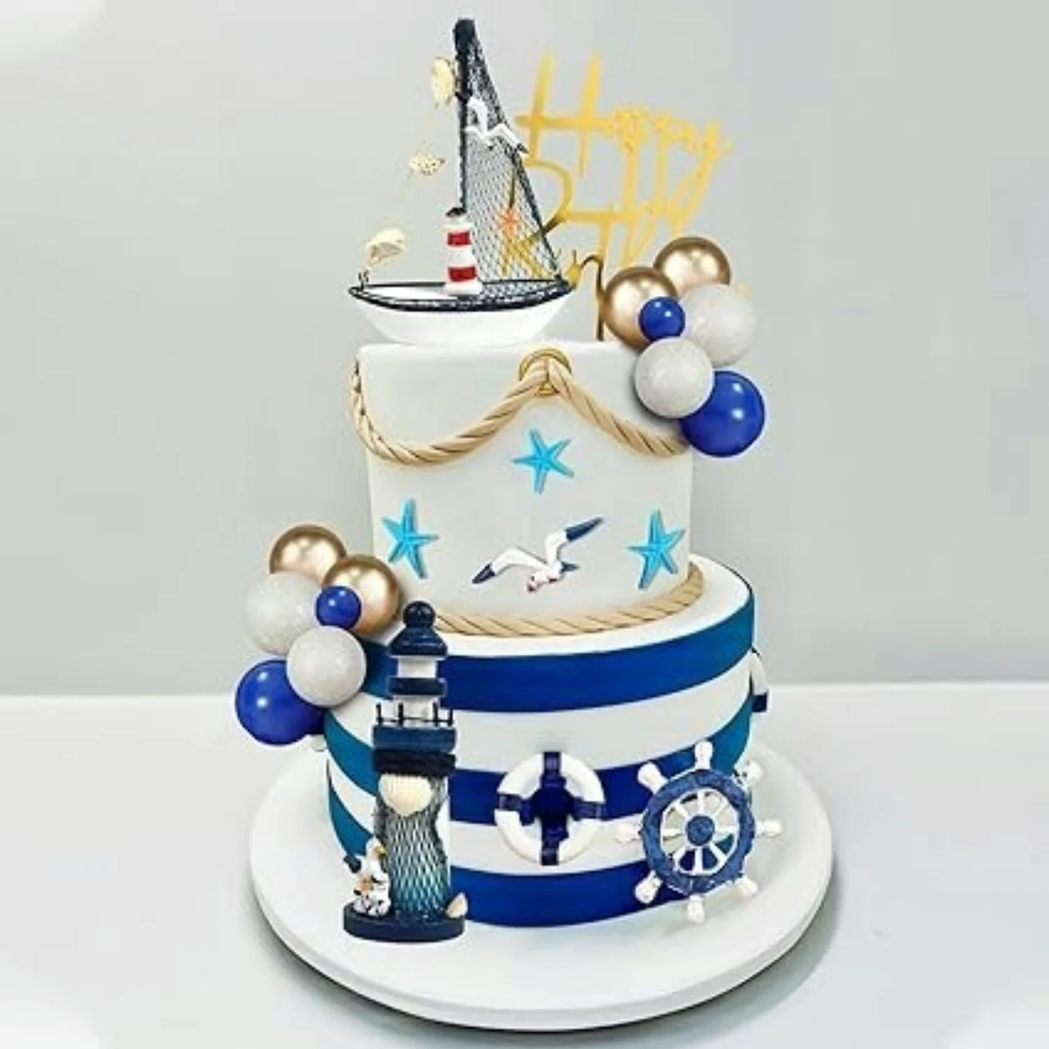 24Pcs Blue White Nautical Theme Cake Topper Anchor Ship Seagull Cake Decorations Birthday Party Summer Ship Party Picks Supplies