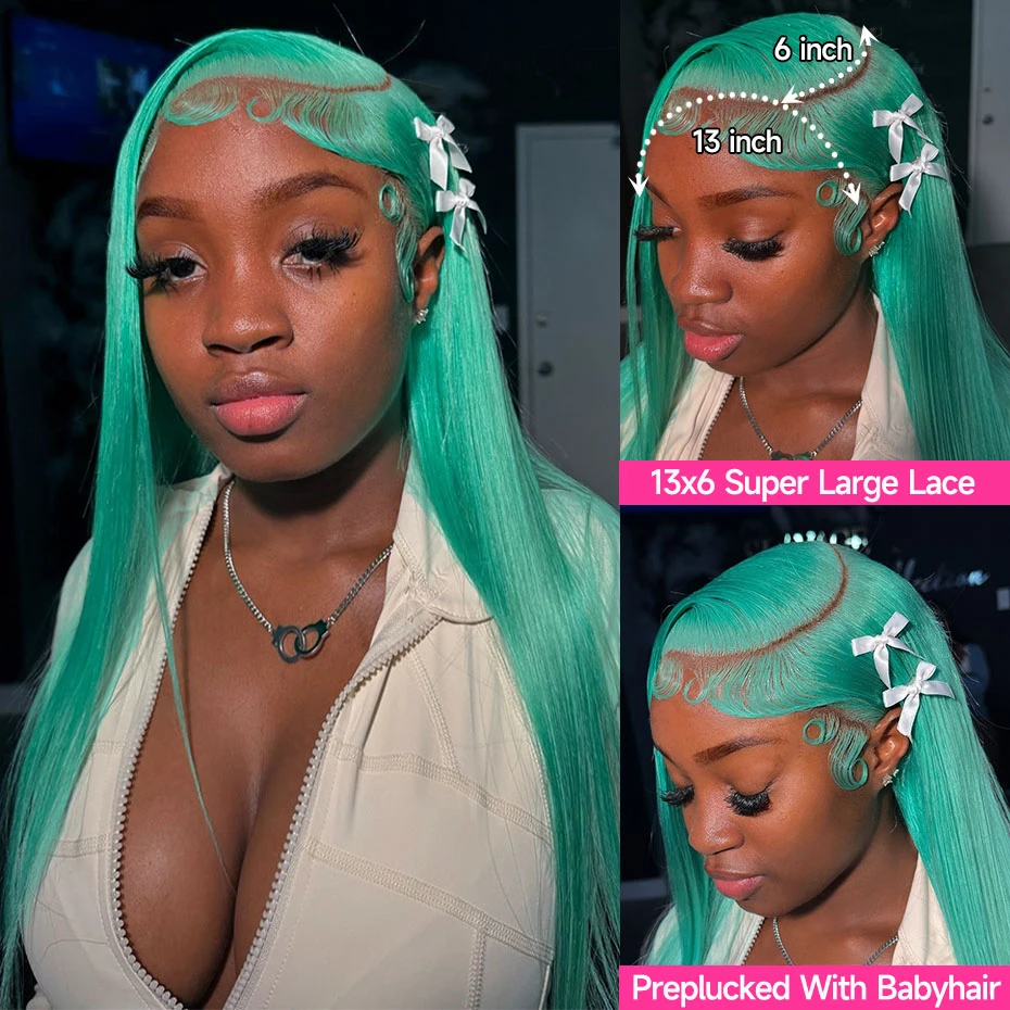 30 40 inch 13x6 Mint Green Lace Front Human Hair Wigs For  display picture 2