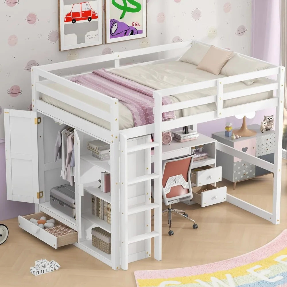 Twin Loft Bed.Full Size Loft Bed with Desk & Wardrobe, Wood Loft Bed with Storage Drawers and Shelves, High Bed Frame Full