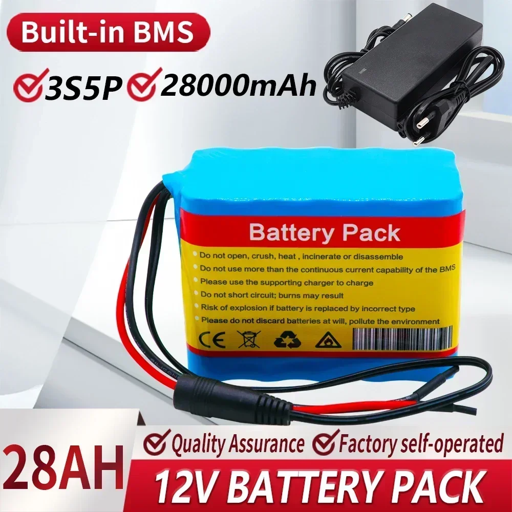 NEW 12V 28000mAh Large capacity 18650 Lithium Battery Protection Board 12.6 V 3s5p 28000mah Capacity and 12.6V 2A Charger