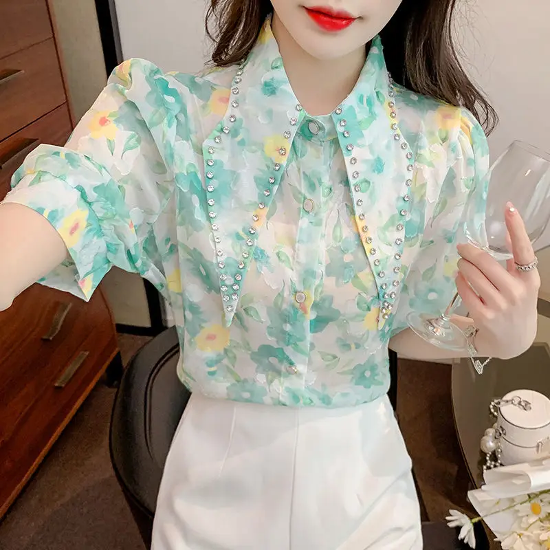 Fashion Puff Sleeve Printed Lapel Diamonds Loose Chiffon Shirt 2022 Summer New Commute Tops Elegant Female Clothing Sweet Blouse