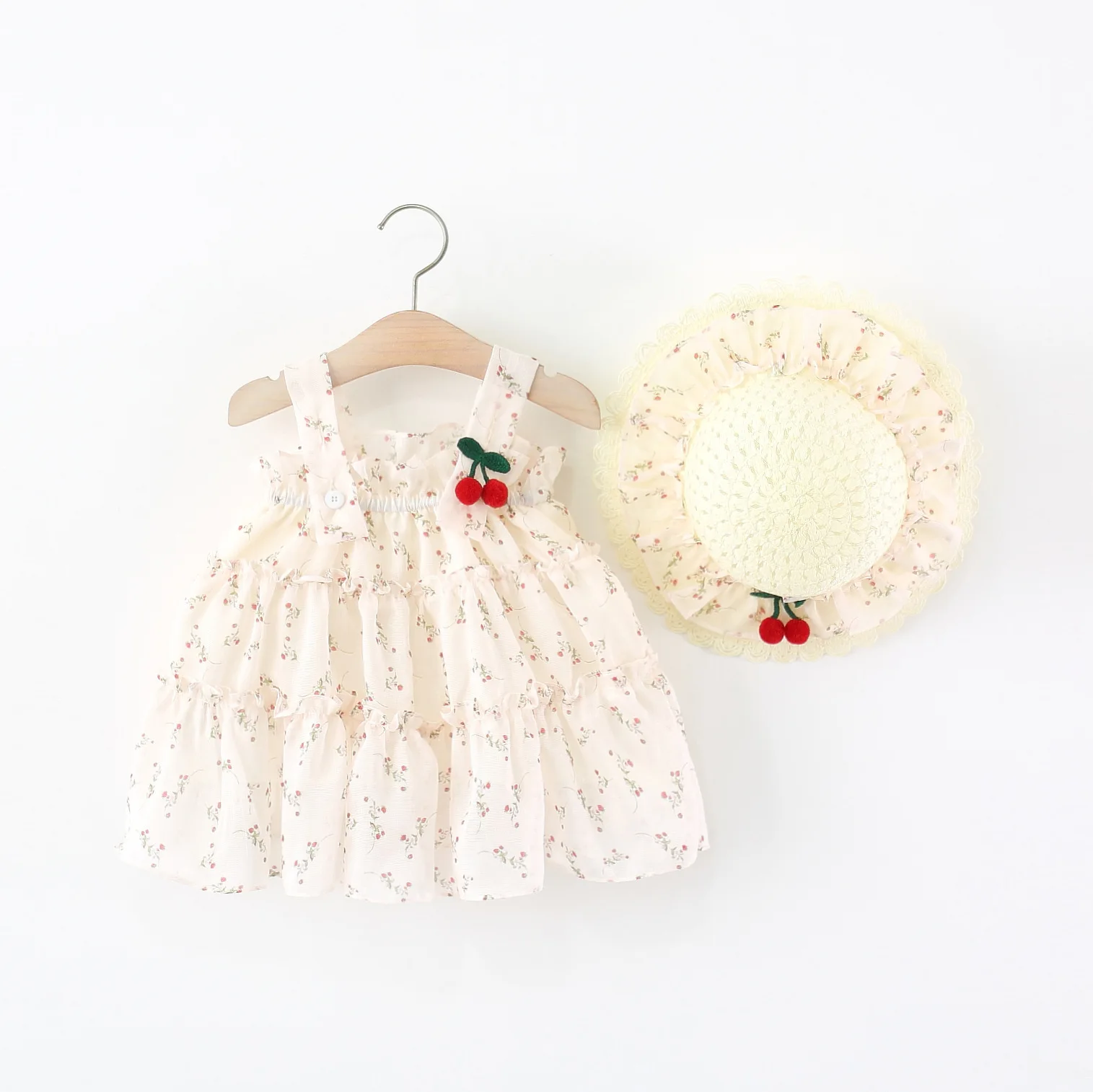 

Baby Girl Dress Summer Cherry And Floral Pattern Halter Puffy Girl Kid's Dress Cute Casual Beach Baby Dresses With Hat ﻿