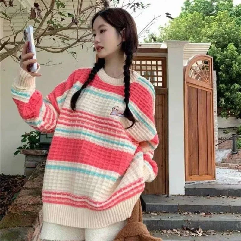 DAYIFUN Color Blocking Striped Sweater for Women Loose Round Neck Sweet Women's Knitted Top Embroidered Casual Pullover Sweaters