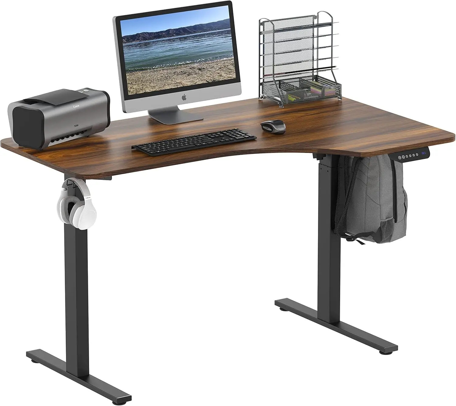 

55-Inch L-Shaped Electric Height Adjustable L-Shaped Standing Desk with Right Facing Corner, Walnut