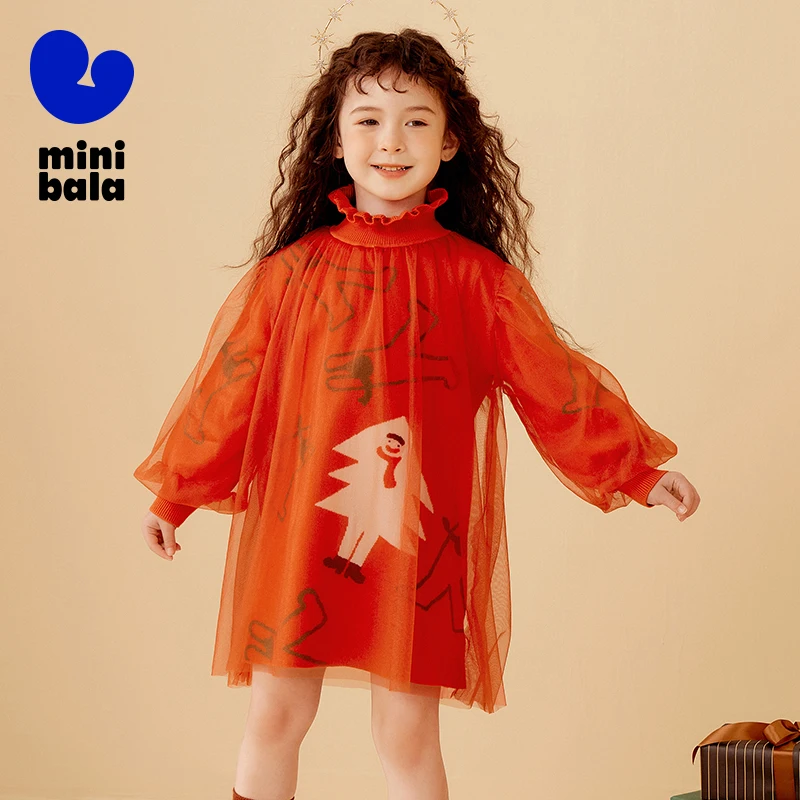 Mini Bala Dress for Girls New in 2024 Autumn and Winter Baby Loose Comfortable High-Waisted Ruffled Princess Dress