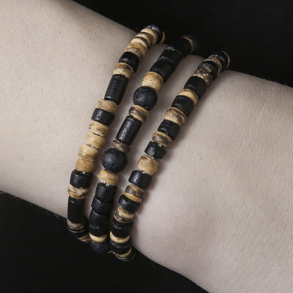 3Pcs Retro National Style Bohemian Holiday Style Coconut Shell Wood Chip Bracelet Three-Piece Men's Handmade Matching Bracelet image 2