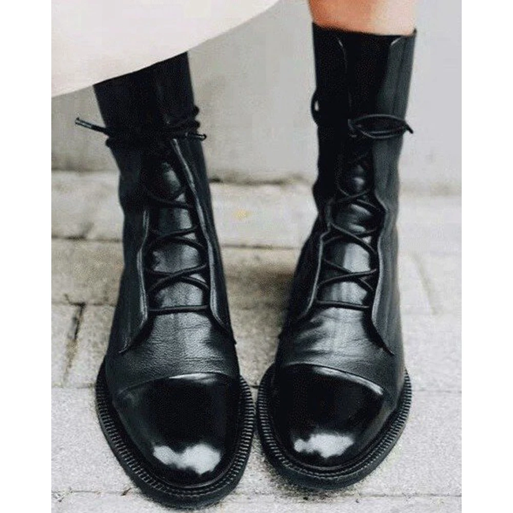 Women Lace Up Midi Length Marten Boots Fall Winter Pu Leather Round Toe Design Going Out Boots for Women Flat