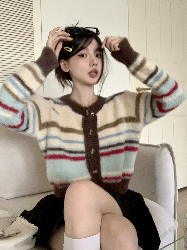 

Fall and Winter Commuter Salt Wear American Vintage Raw Edge Striped Sweater Designed Milk fufu Round Neck Jacket