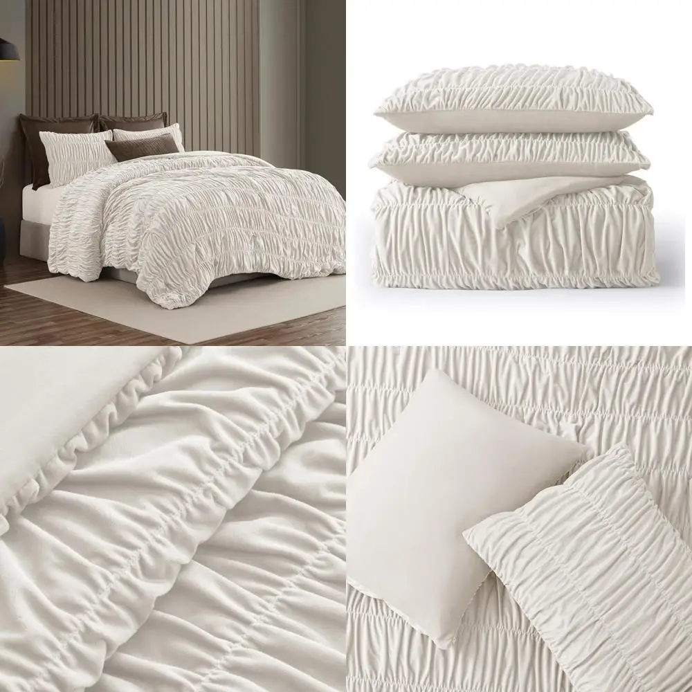 

Elegant Cream King-Sized Velvet Quilt Set with Handcrafted Ruffled and Crinkle Striped Reversible 3-Piece Cotton Blend