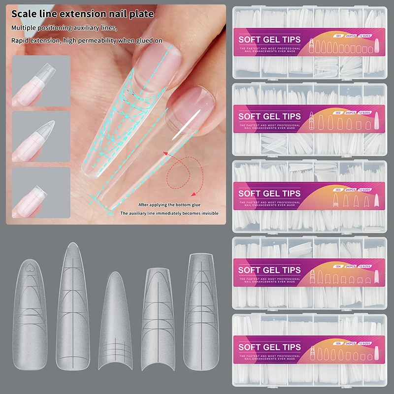 

240Pcs Trapezoid Long-T Matte Soft Gel Nail Tips Traceless With Auxiliary Lines Multifun Full Cover Fake Nail For Extension