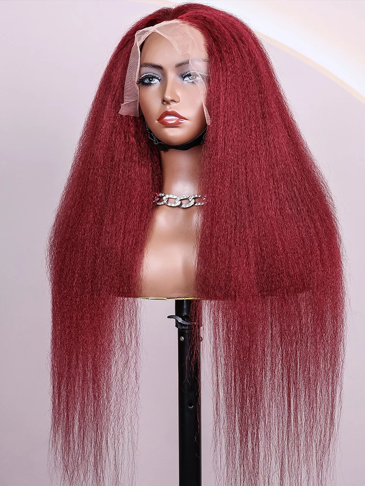 200% densidade 99j borgonha kinky em linha reta 13x6 peruca dianteira do laço cabelo humano brasileiro remy cabelo 99j colorido cabelo humano yaki peruca do laço