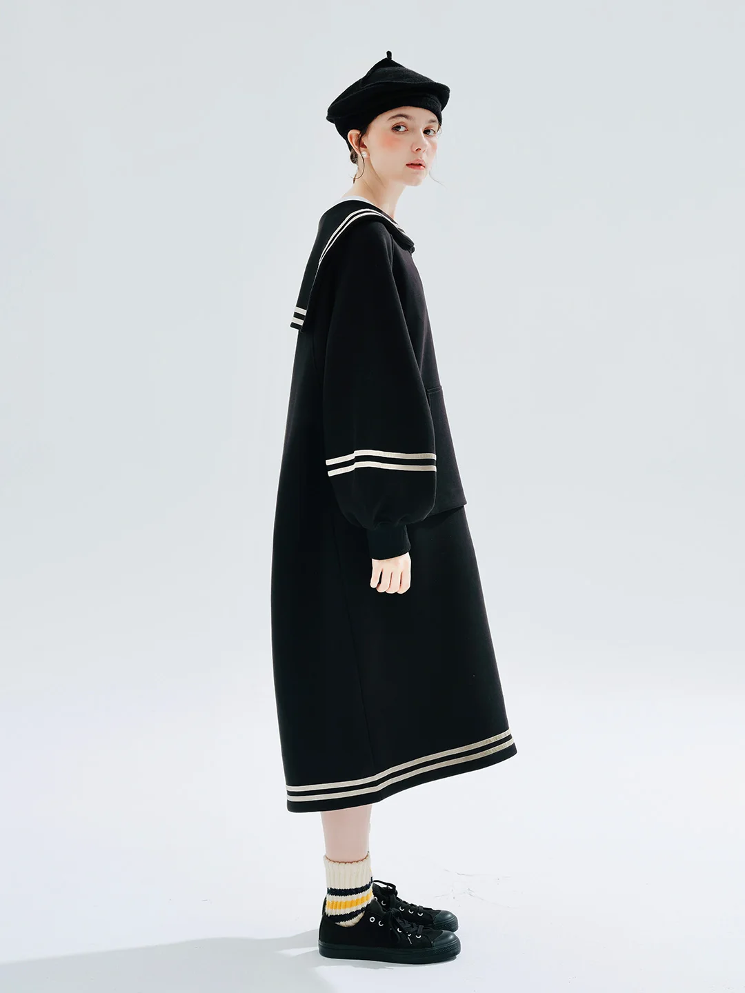 IMAKOKONI original design Navy collar long-sleeved black dress with lapel loose preppy dress 234271