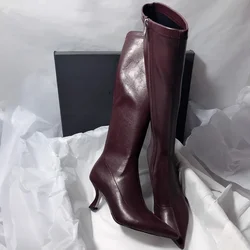 Elegant High Heels Women High Boots Leather Pointed Toe Fashion Shoes 2025 Winter Trend Designer Knee High Pumps Botas De Mujer