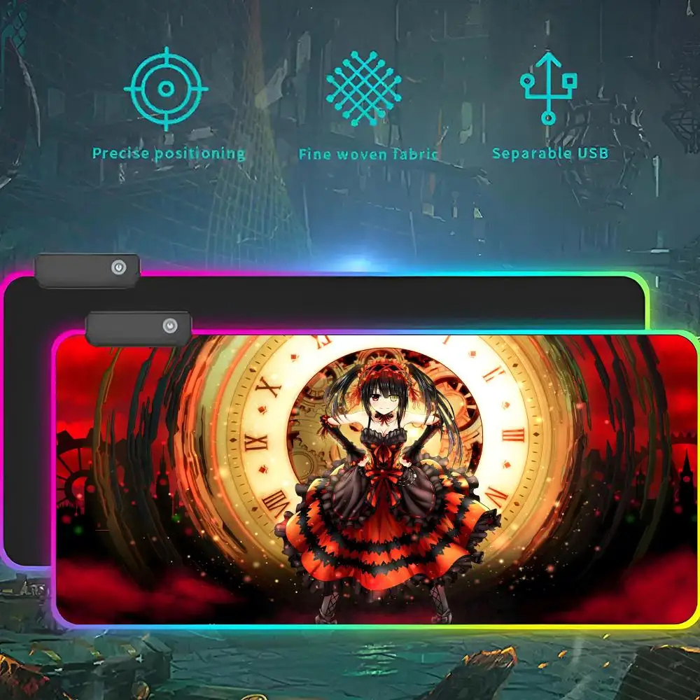 Tokisaki Kurumis RGB LED Light Gaming Mousepad, Tapete Gamer Grande Impermeável, Almofada de Teclado Grande, PC Desk Play Mat